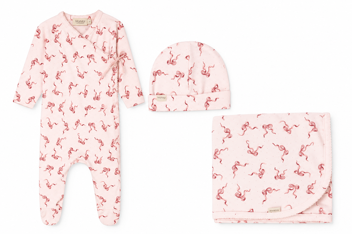 set footie bow print wrap with beanie and blanket - bows