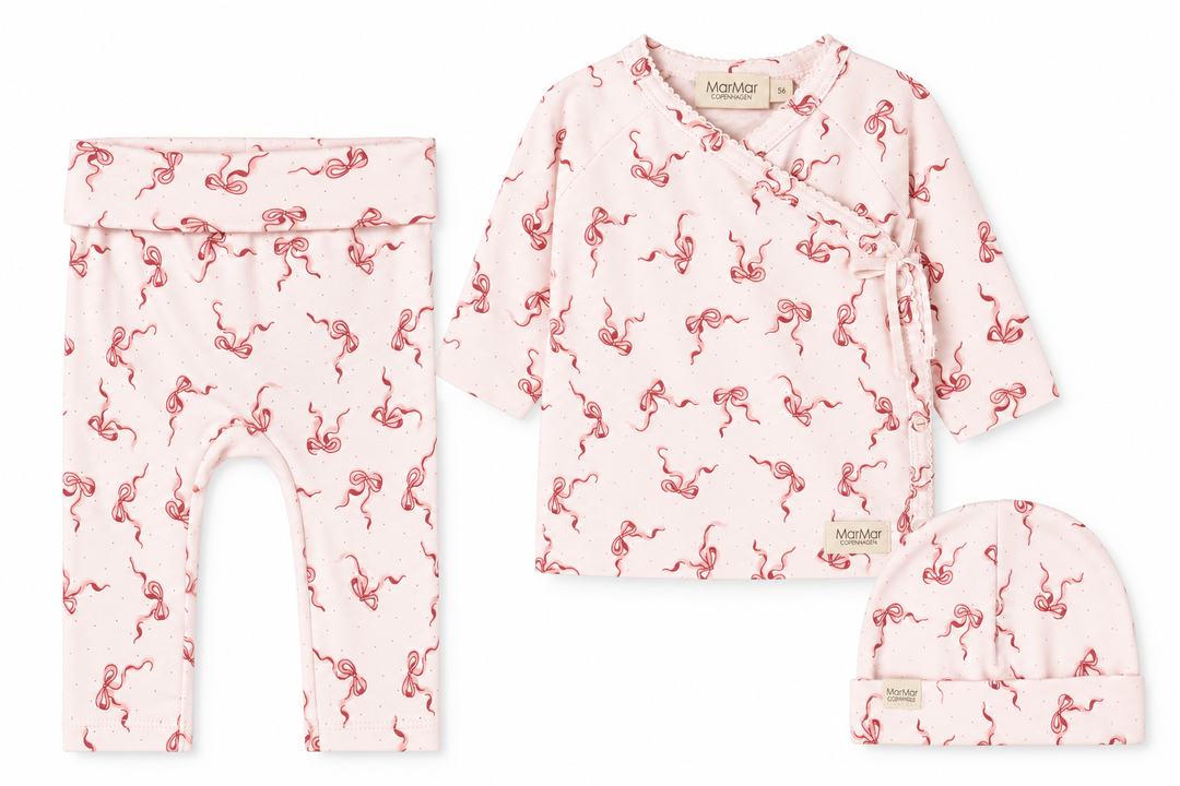 set knit bow print wrap top and footie pants with beanie - bows