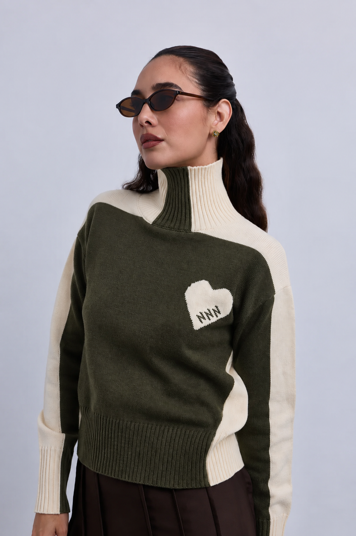 top l/s knit up neck - green/ecru