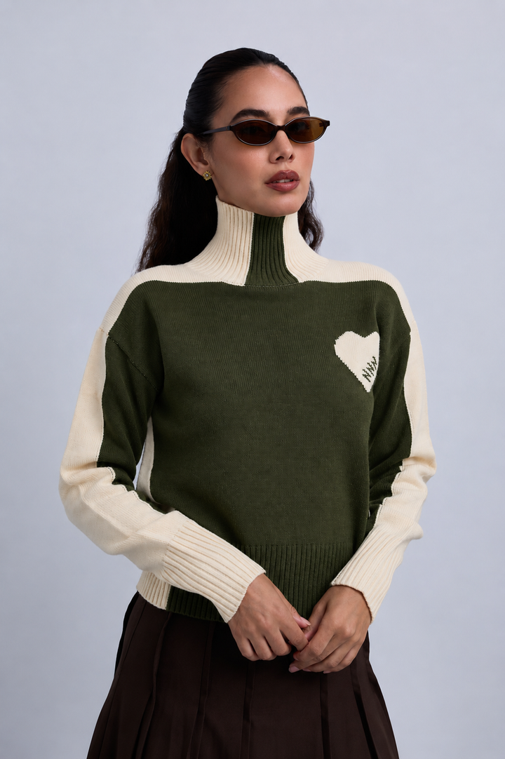 top l/s knit up neck - green/ecru