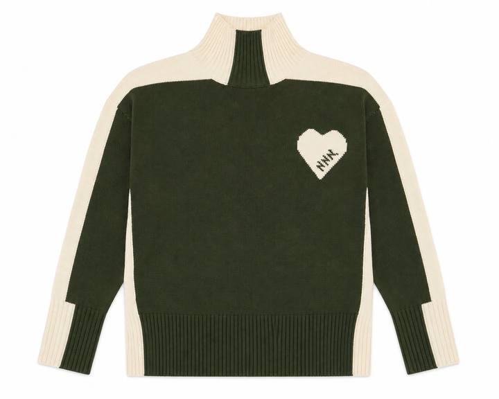 top l/s knit up neck - green/ecru