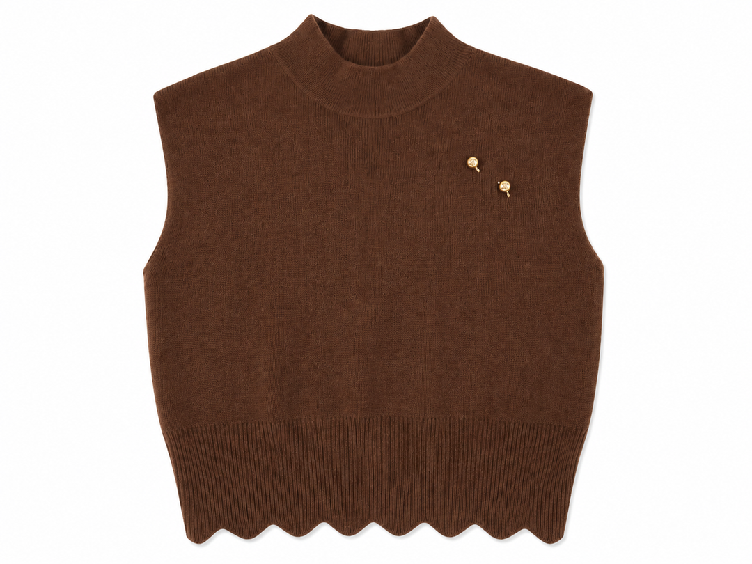 vest knit scalloped edge with pin - brown