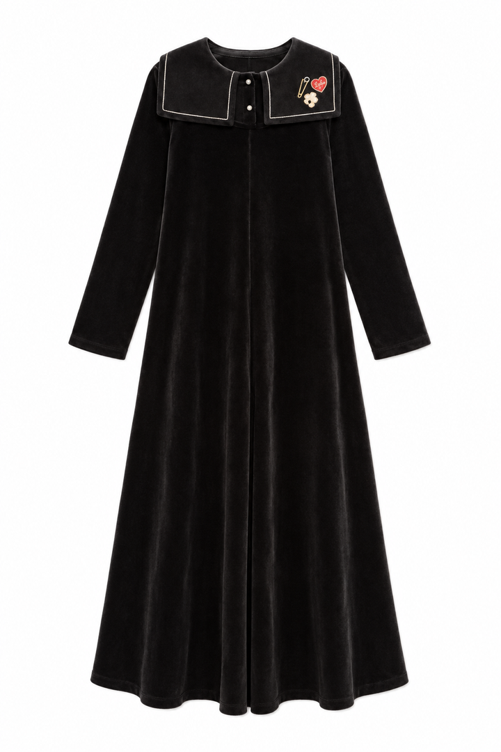 maxi dress velour embroidered bib turtleneck - black