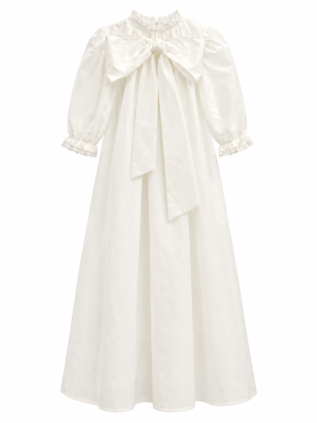 gown taffeta eyelet ruffled trim with bow in back - off white