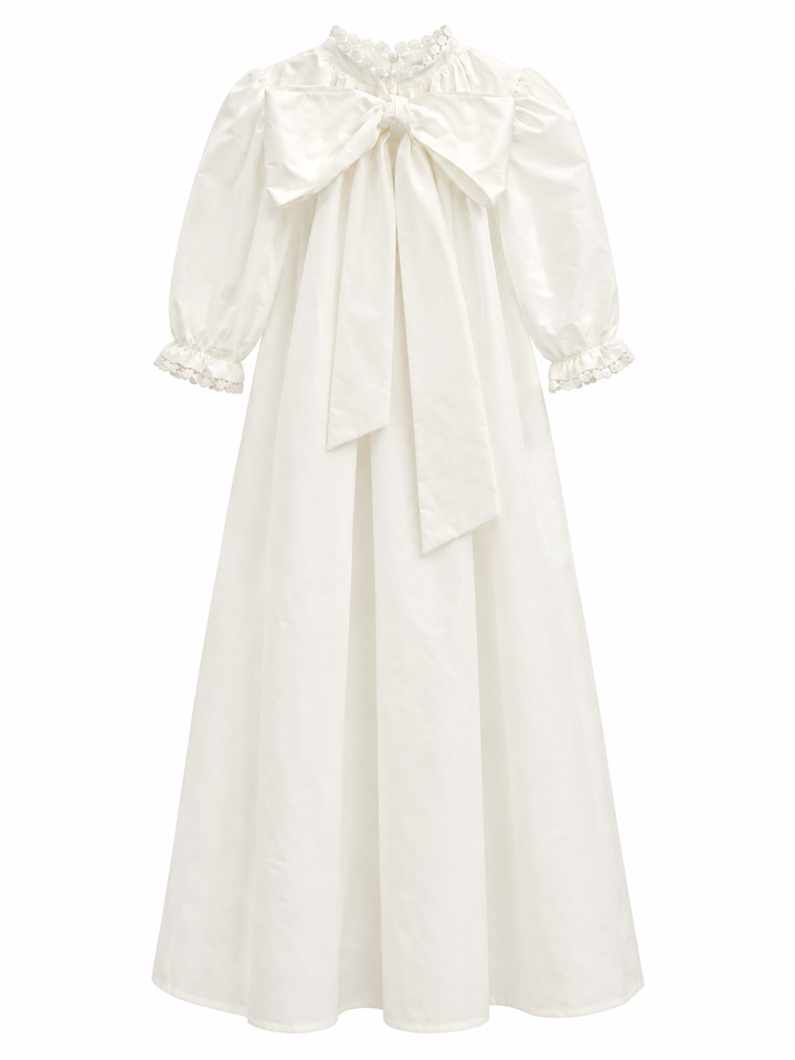 gown taffeta eyelet ruffled trim with bow in back - off white