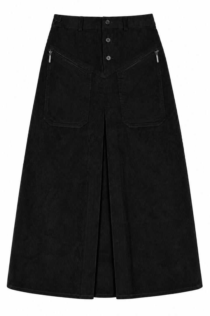 skirt corduroy pocket center pleat - black