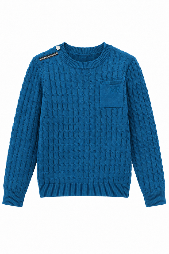 top l/s cable knit zipper sweater - mid blue