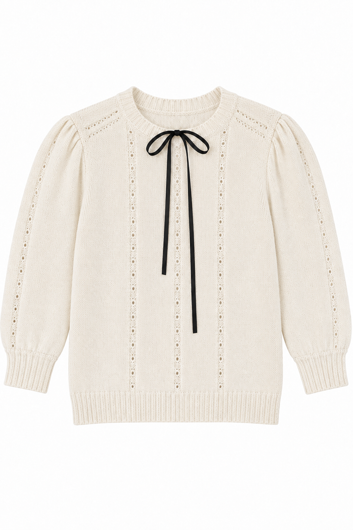 top l/s mohair bow tie sweater - ivory