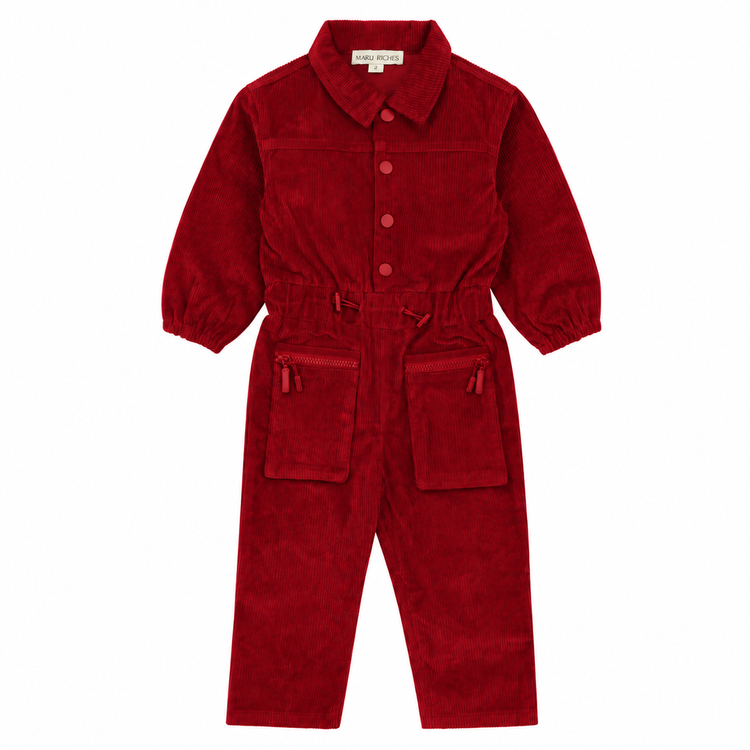 one piece corduroy shirt style gathered romper - crimson
