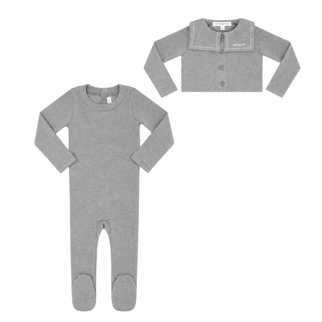 footie solid with embroidered bib cardigan - grey