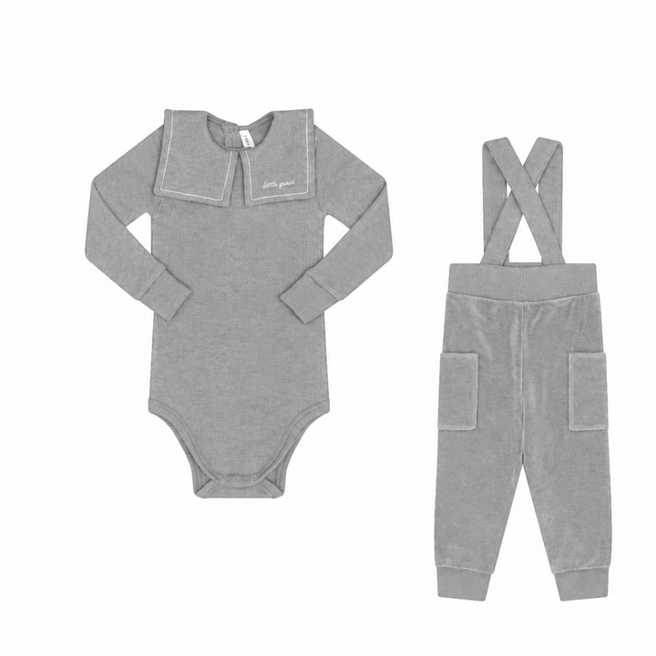 set outfit velour sailor collar onesie and overalls - grey