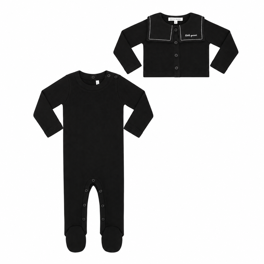 footie solid with embroidered bib cardigan - black