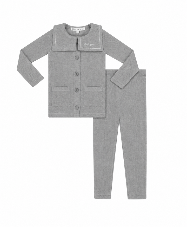 set outfit embroidered bib cardigan and overalls - grey