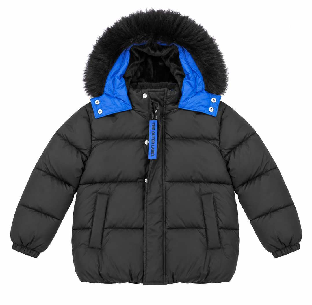 coat down padded star applique with fur hood - black/royal