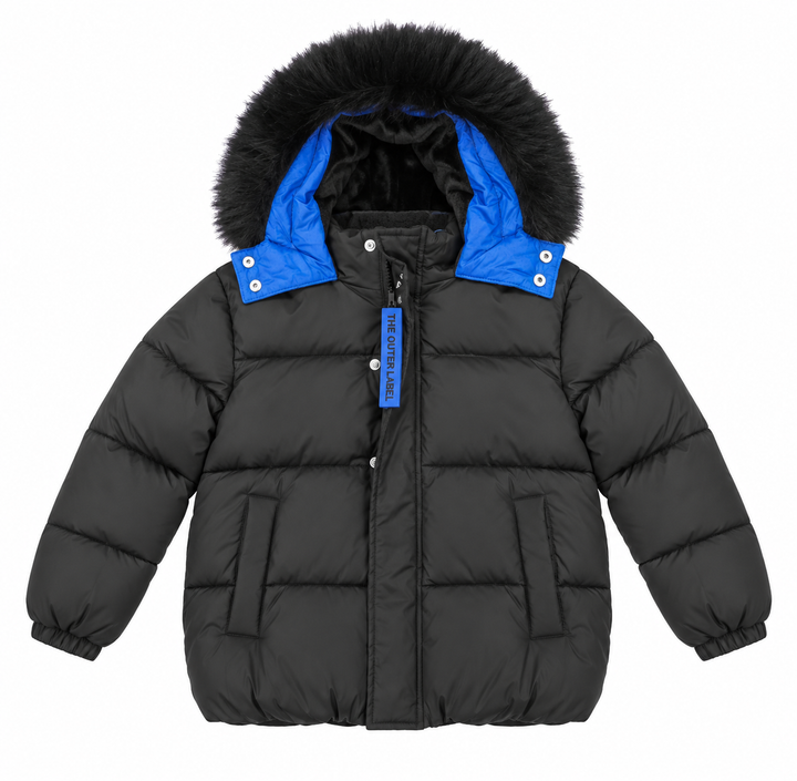 coat down padded star applique with fur hood - black/royal