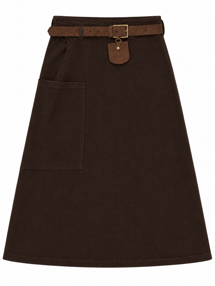 skirt midi heathered pocket with pouch belt - brown