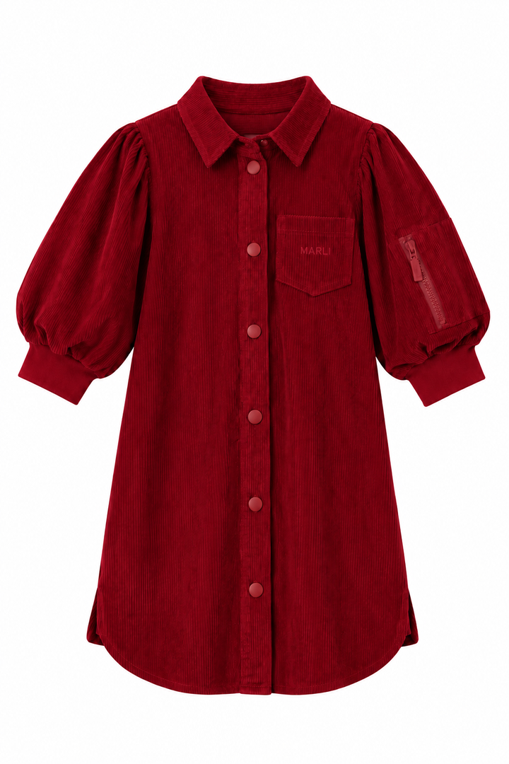 dress corduroy shirt style with puff sleeves - crimson