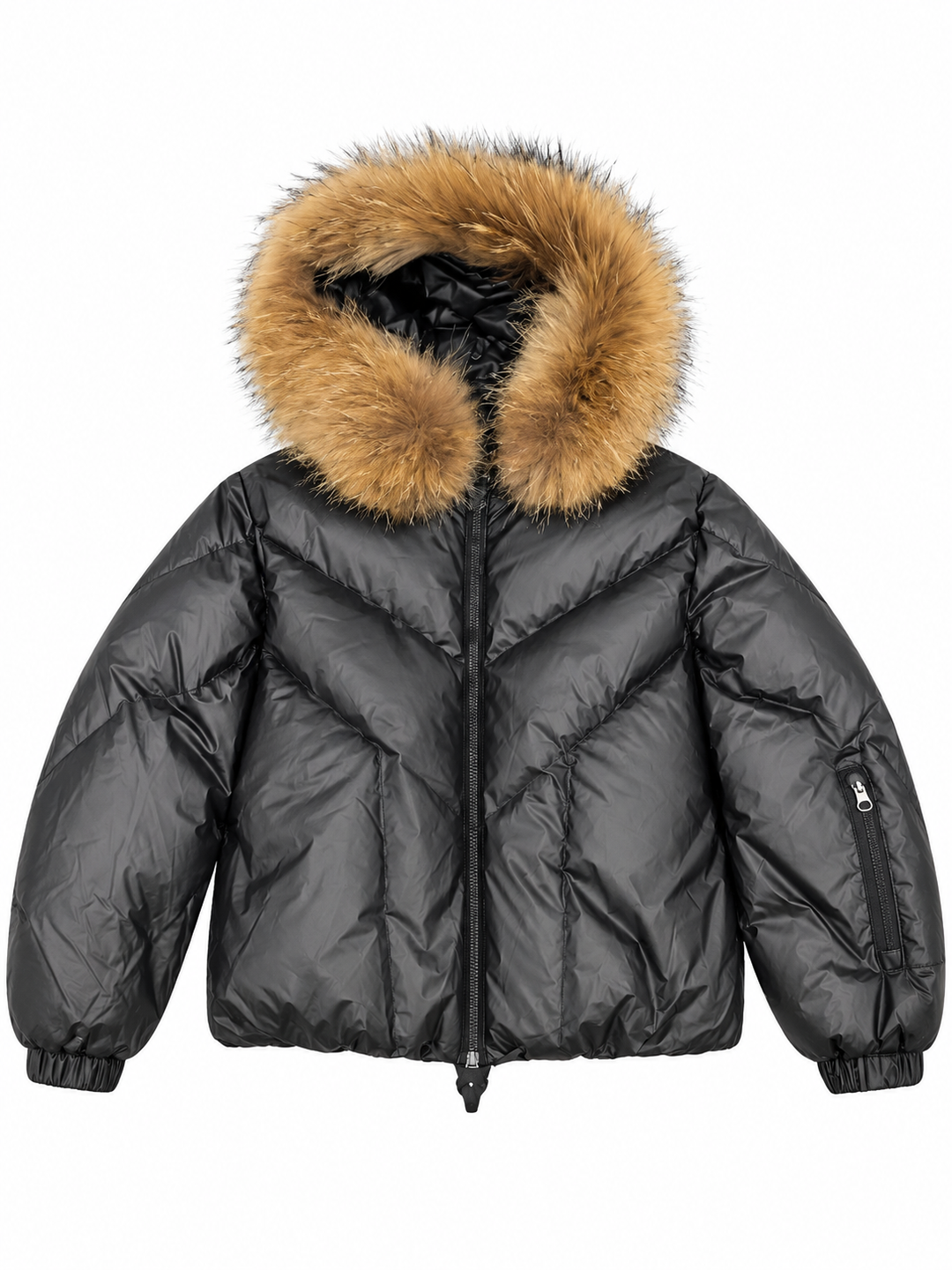 coat shiny drawstring sintch waist with fur hood - black