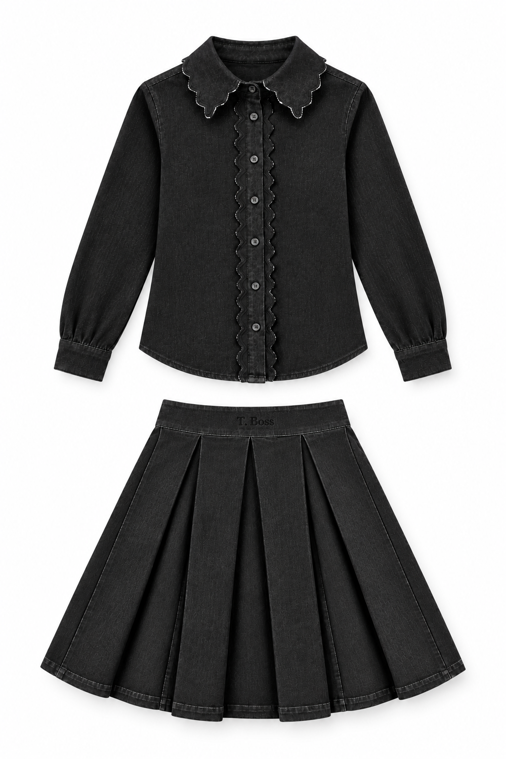 set outfit scalloped edge shirt with skirt - black denim