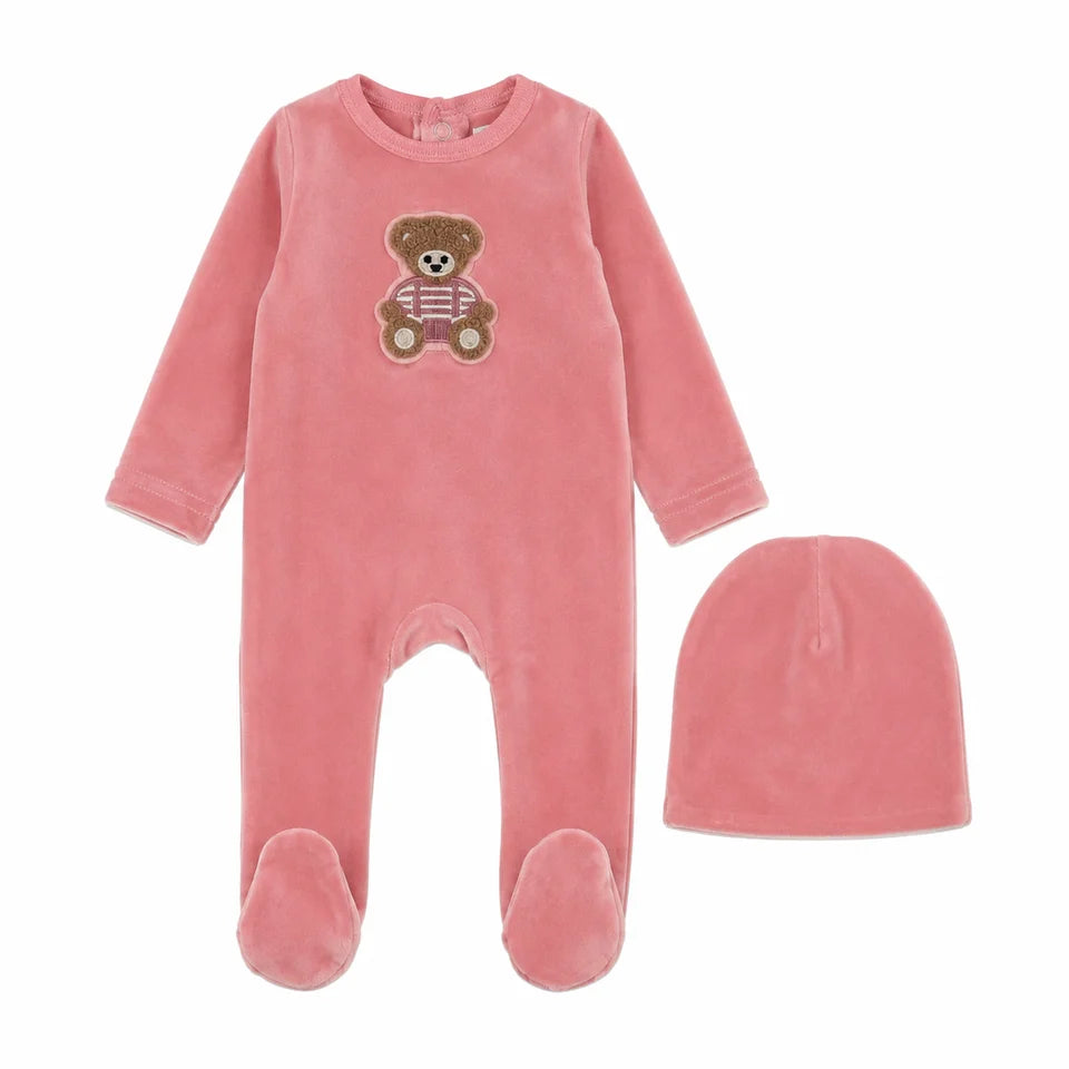 footie velour teddy with beanie - pink bear