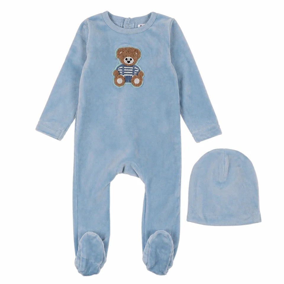footie velour teddy with beanie - blue bear
