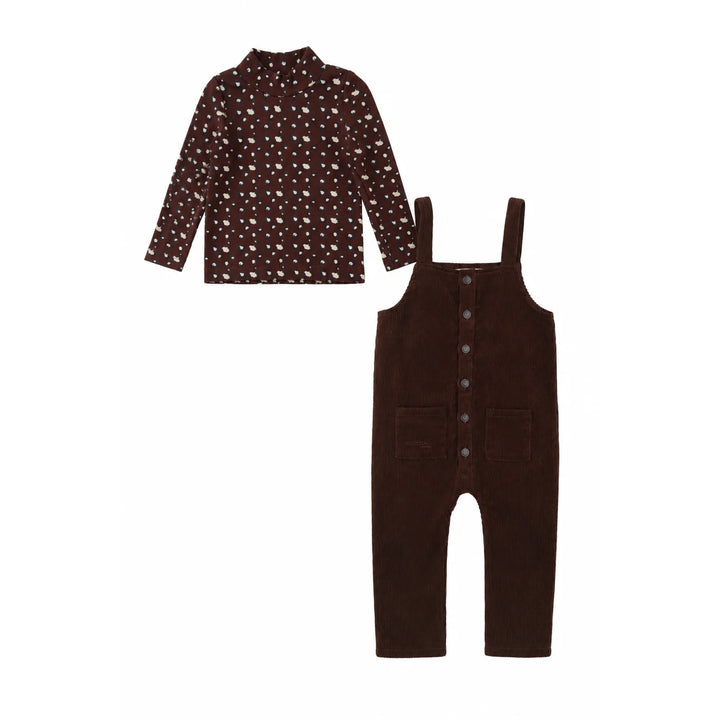 set outfit leopard print mockneck and corduroy overalls - brown