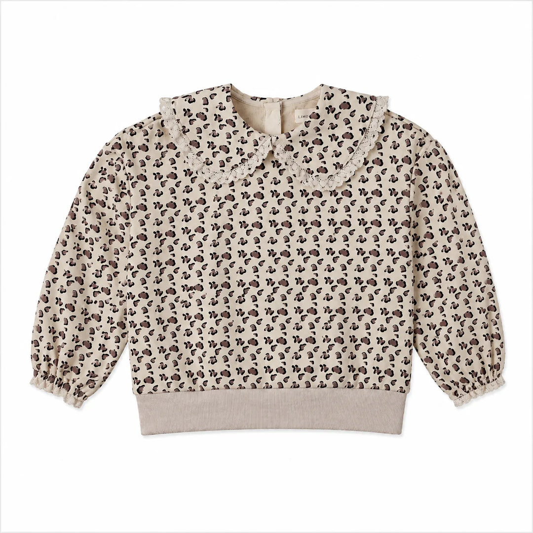 top l/s leopard print collared sweatshirt - ivory