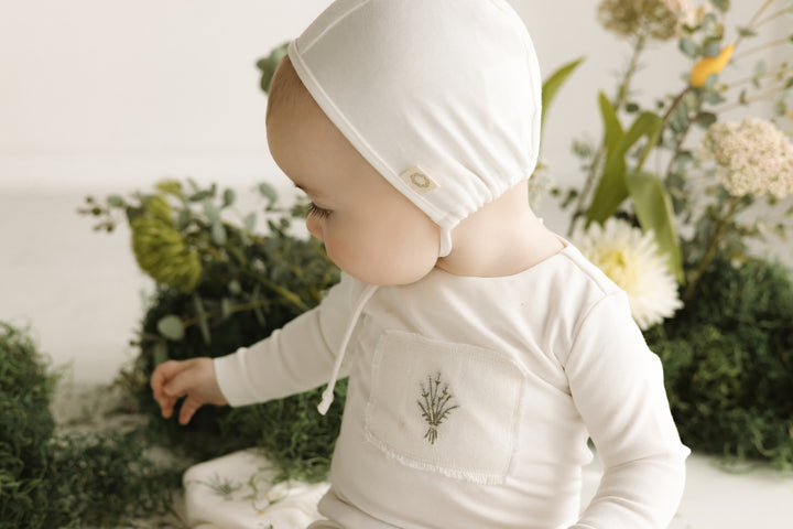 footie floral patch with hat - white/blue