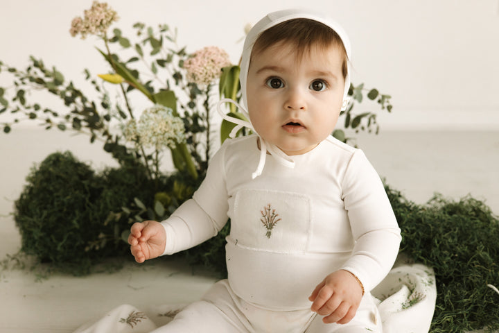 footie floral patch with hat - white/peach