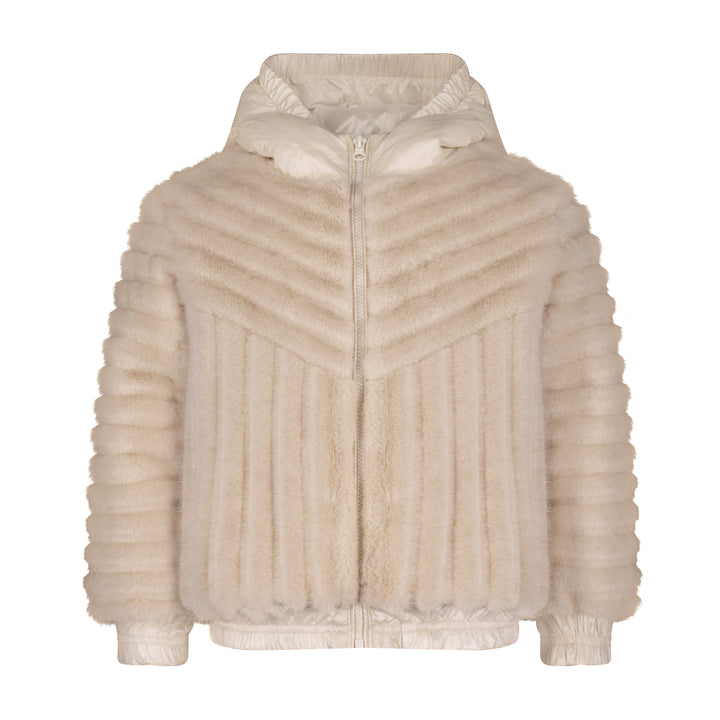 coat diagnal fur with hood - ivory