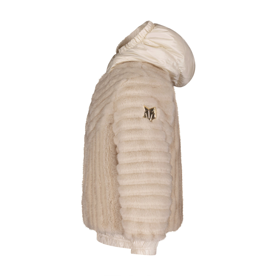 coat diagnal fur with hood - ivory