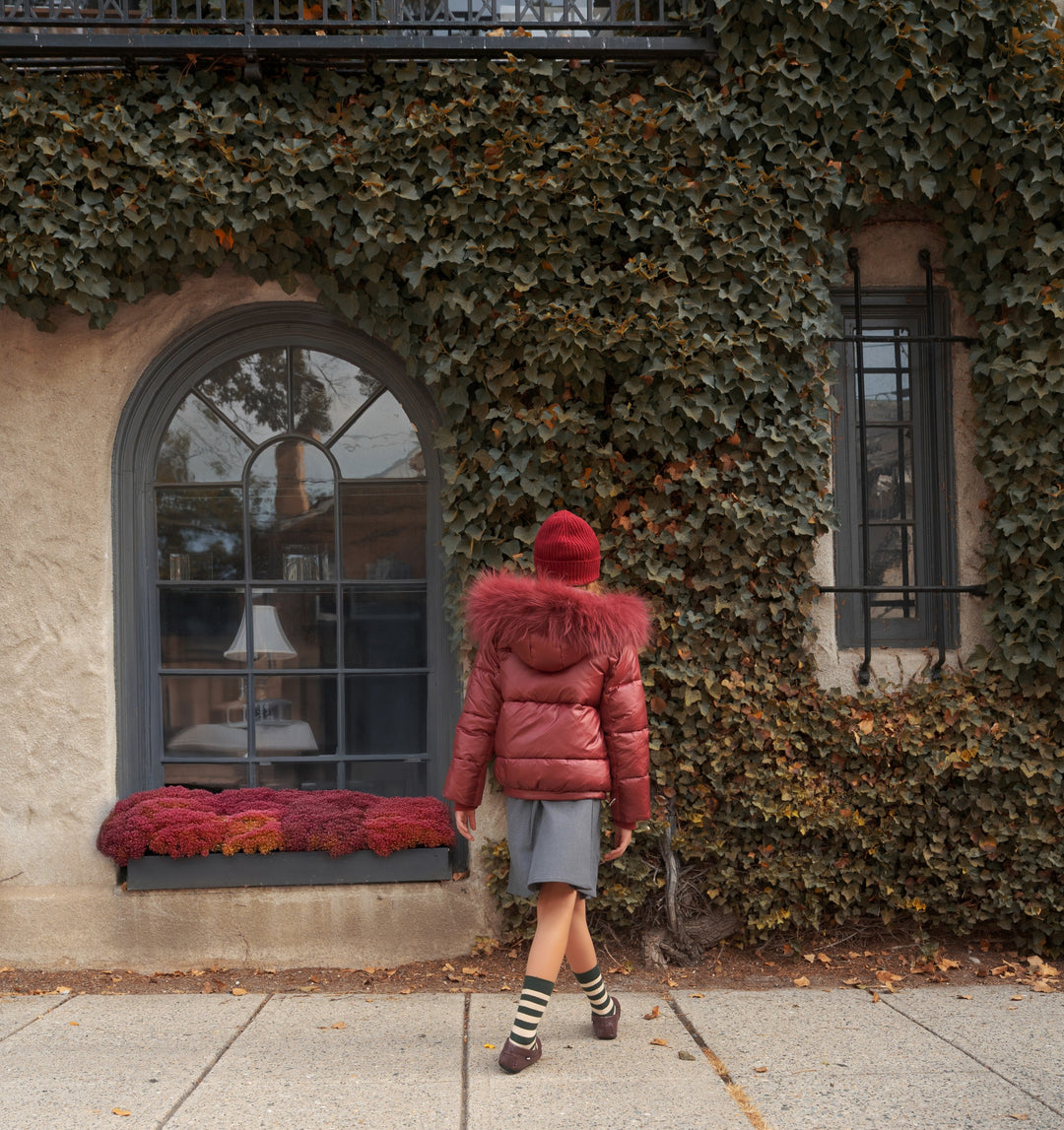 jacket padded b patch with fur hood - maroon