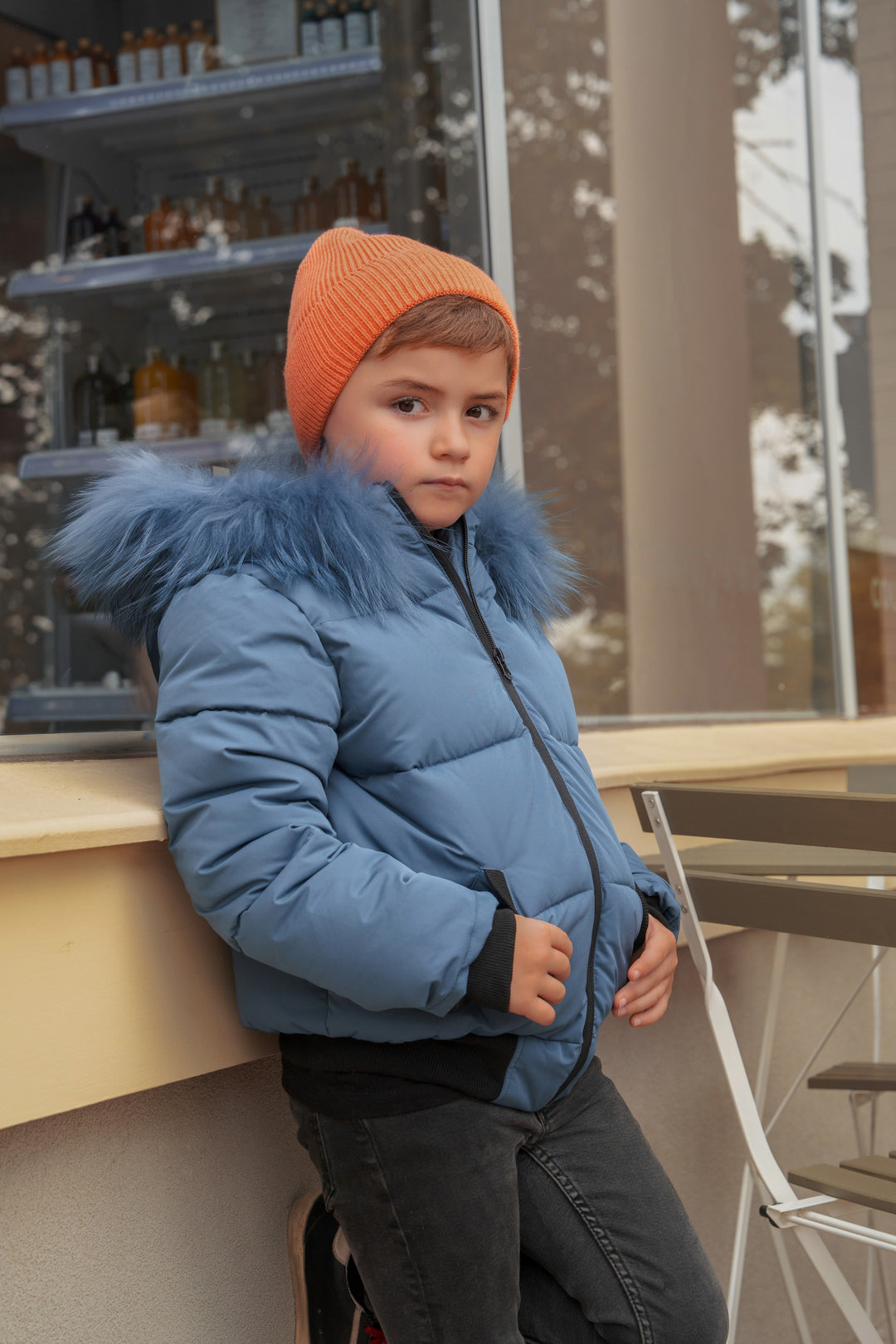 coat padded with fur hood - pale navy