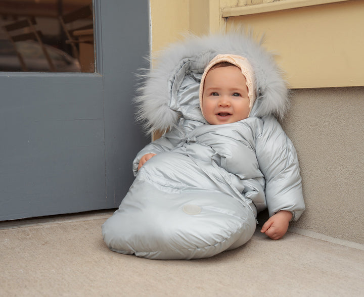 snowsuit padded wrap zip with fur hood - stone blue