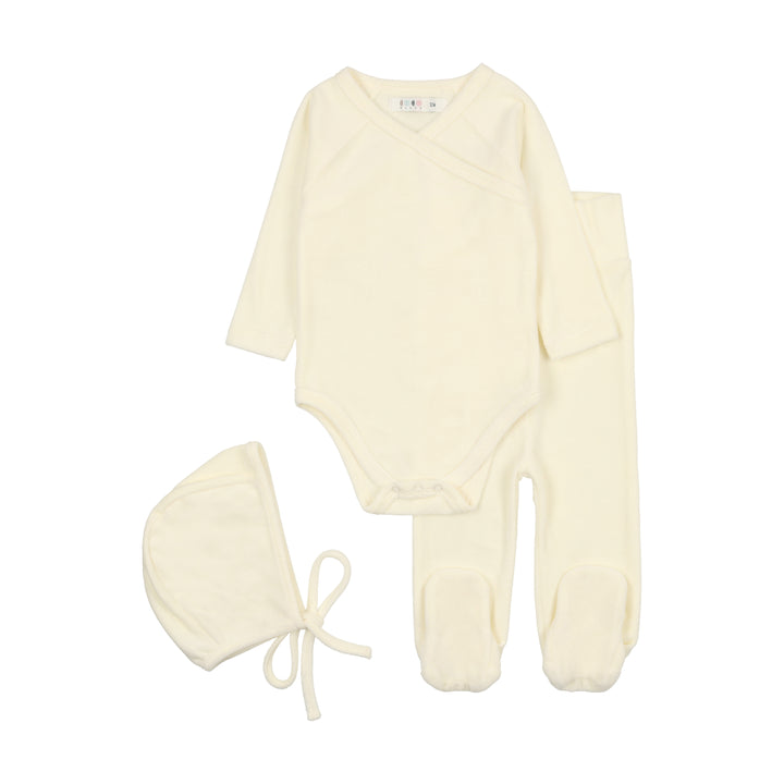 set knit velour 3 piece onesie pants and bonnet - cream