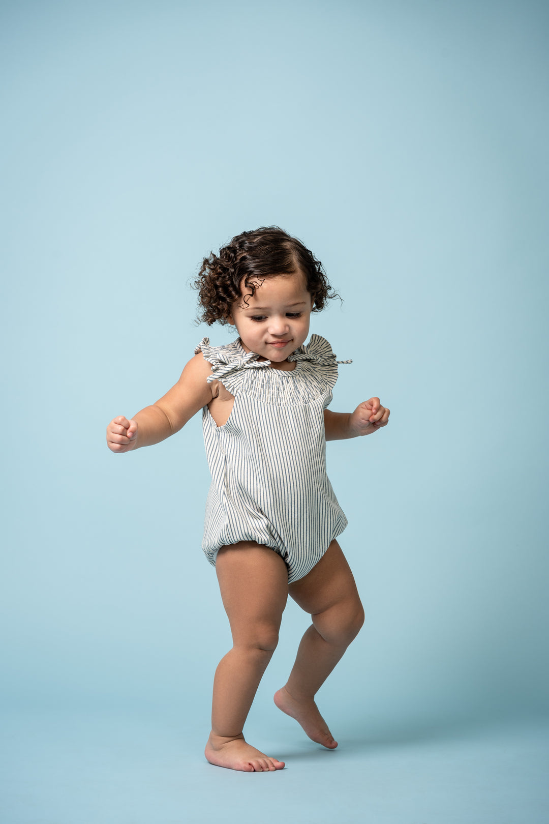 one piece stripe rouched bow romper - blue/white denim