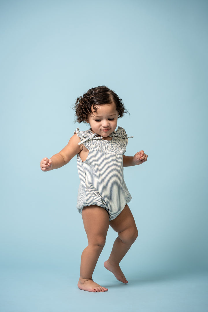 one piece stripe rouched bow romper - blue/white denim