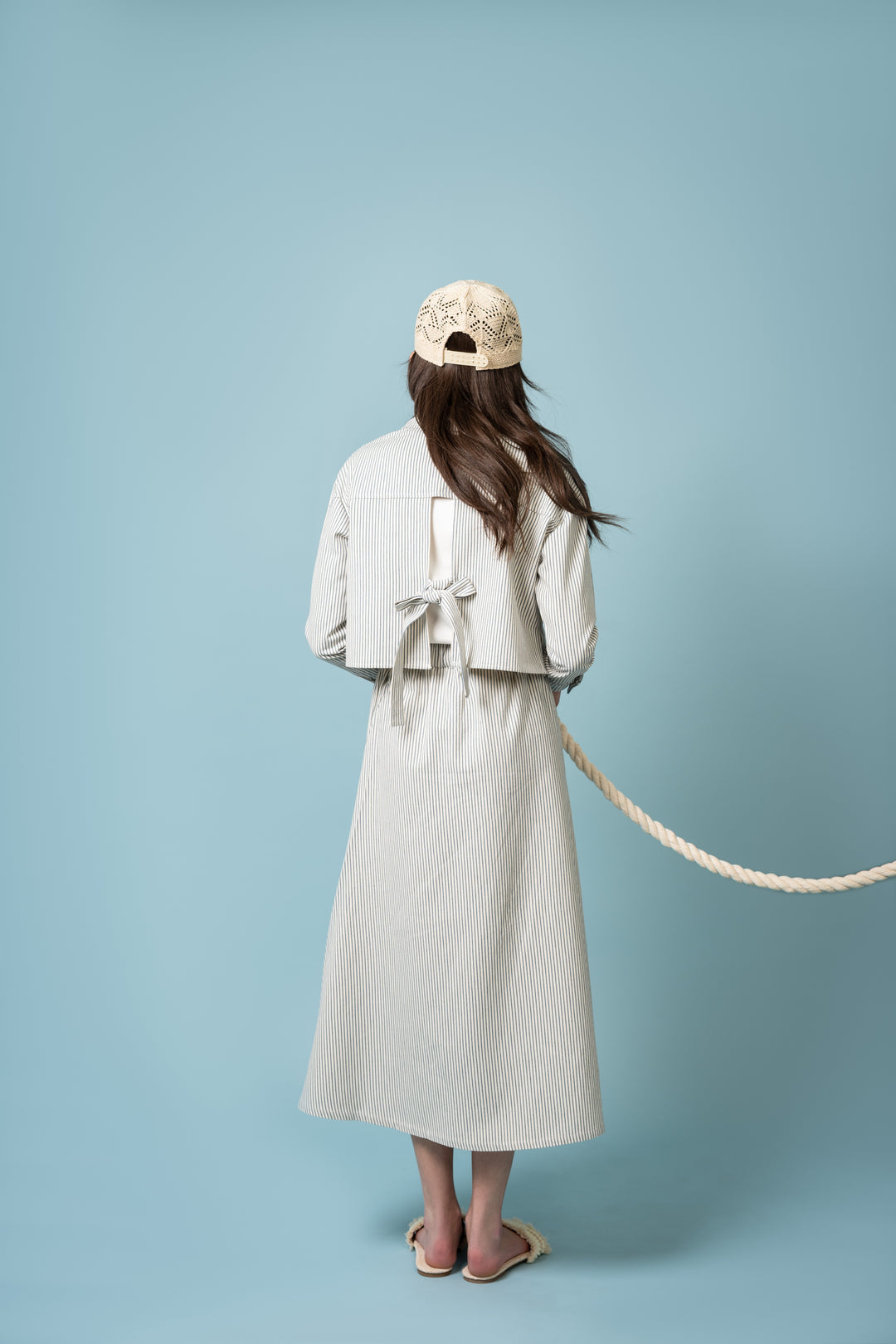 set outfit stripe back tie shirt and drawstring skirt - blue/white denim