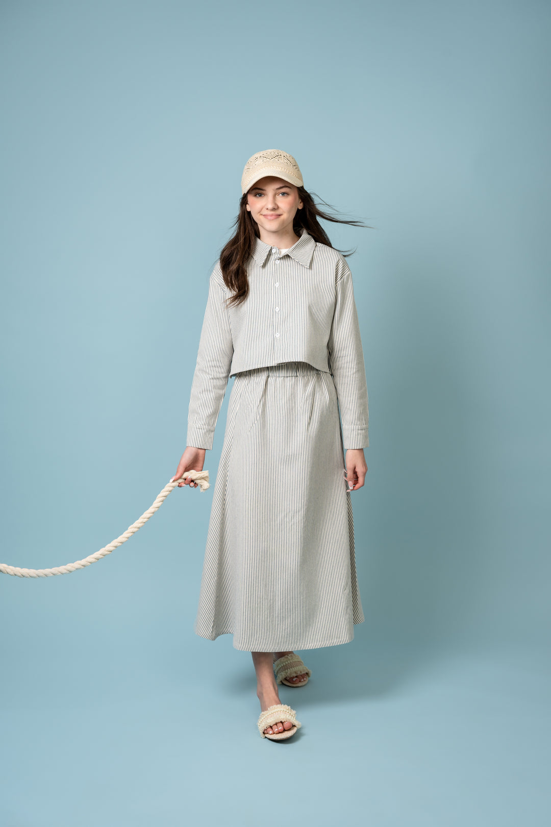 set outfit stripe back tie shirt and drawstring skirt - blue/white denim