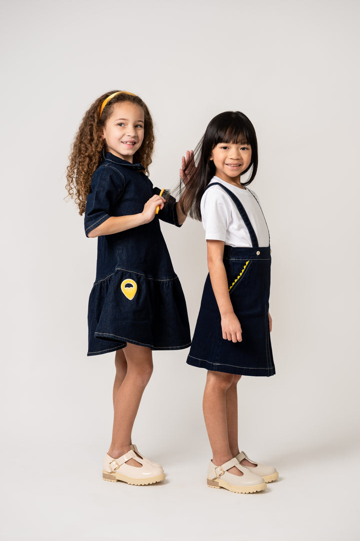 skirt denim ric rac pockets suspender - indigo
