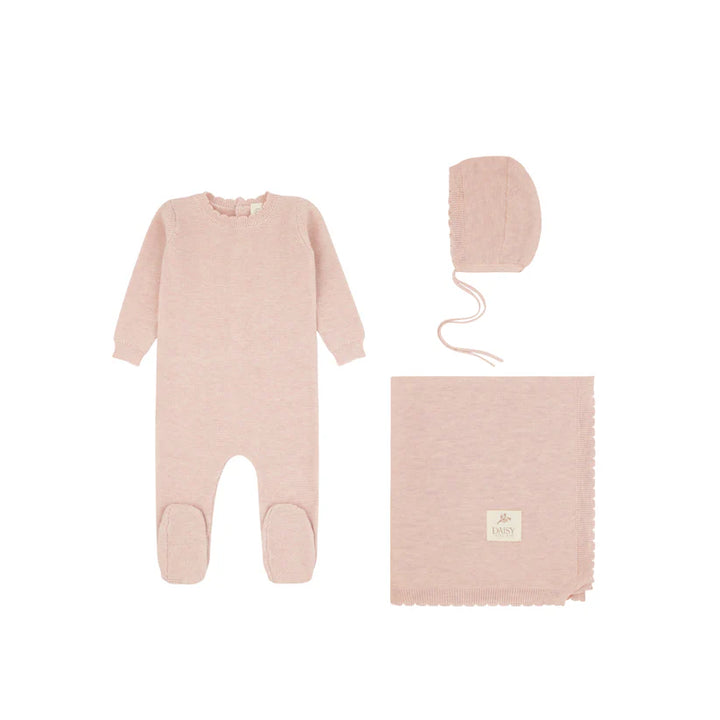 set footie scalloped edge knit with vest bonnet and blanket - roselle