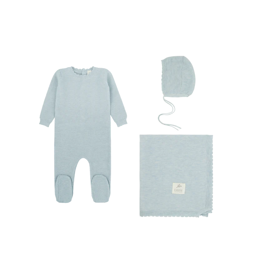 set footie scalloped edge knit with vest bonnet and blanket - celeste