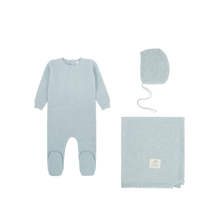 set footie scalloped edge knit with vest bonnet and blanket - celeste