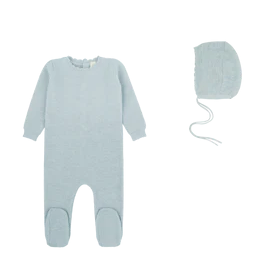 footie scalloped edge knit with vest and bonnet - celeste