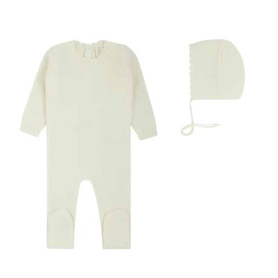 footie scalloped edge knit with vest and bonnet - cream