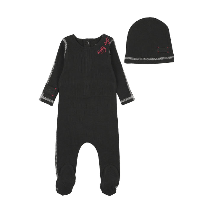 footie contrast with beanie - black