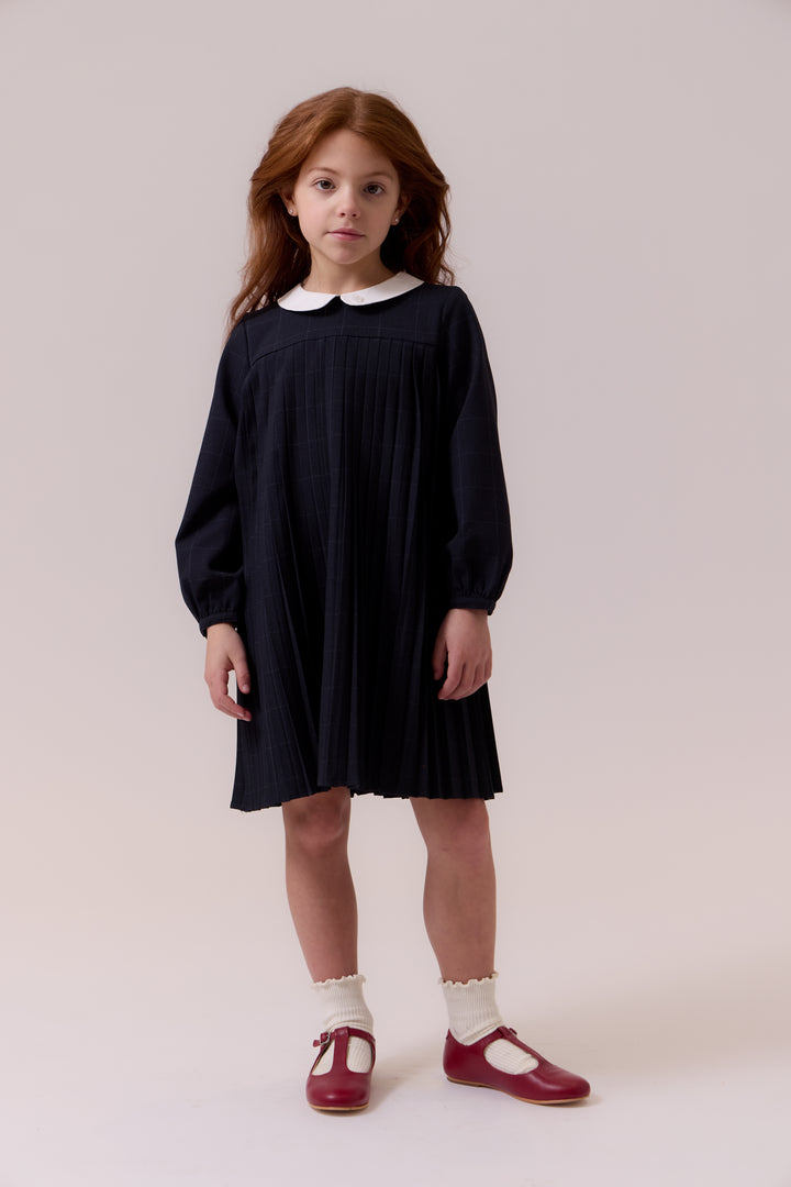 dress subtle plaid pleated with collar - navy