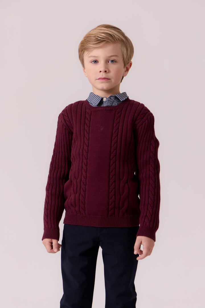 top l/s rib cable knit sweater - cranberry