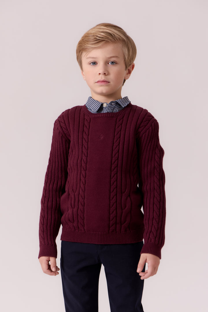 top l/s rib cable knit sweater - cranberry