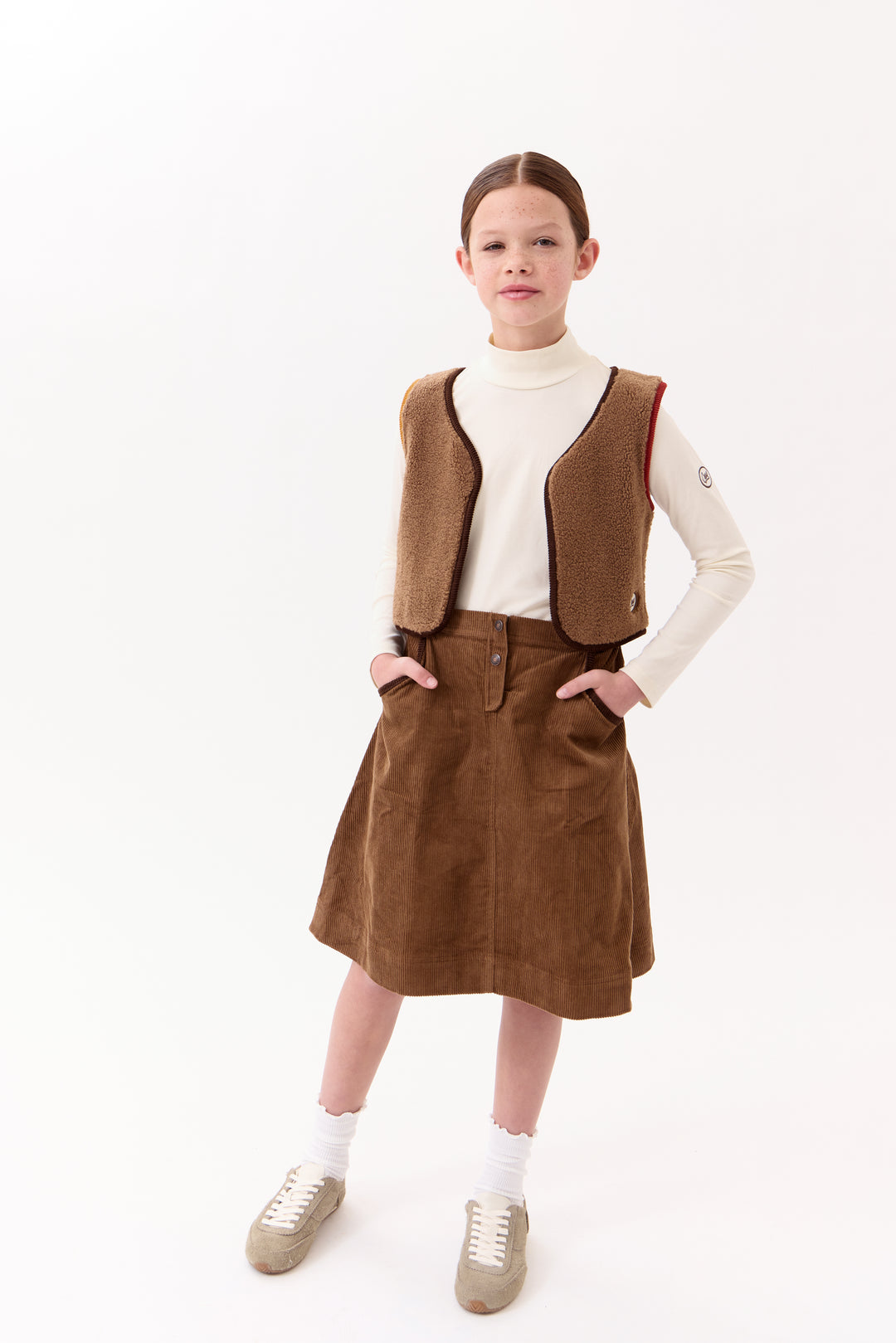 skirt corduroy contrast trim pockets - tan